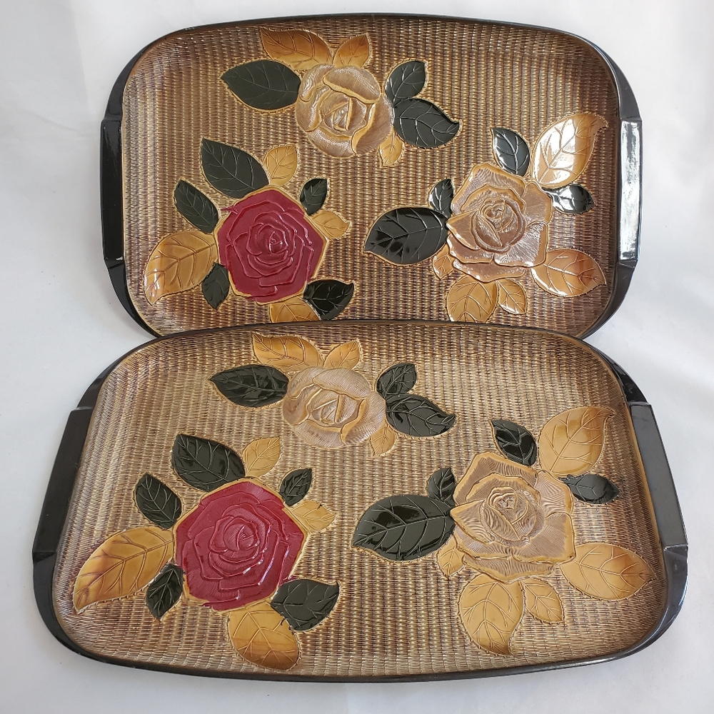 Vintage Pair of Embossed Red Gold Roses Japanese Serving Trays